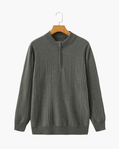 Camisola de Malha Canelada em 100% Caxemira com Meio Fecho