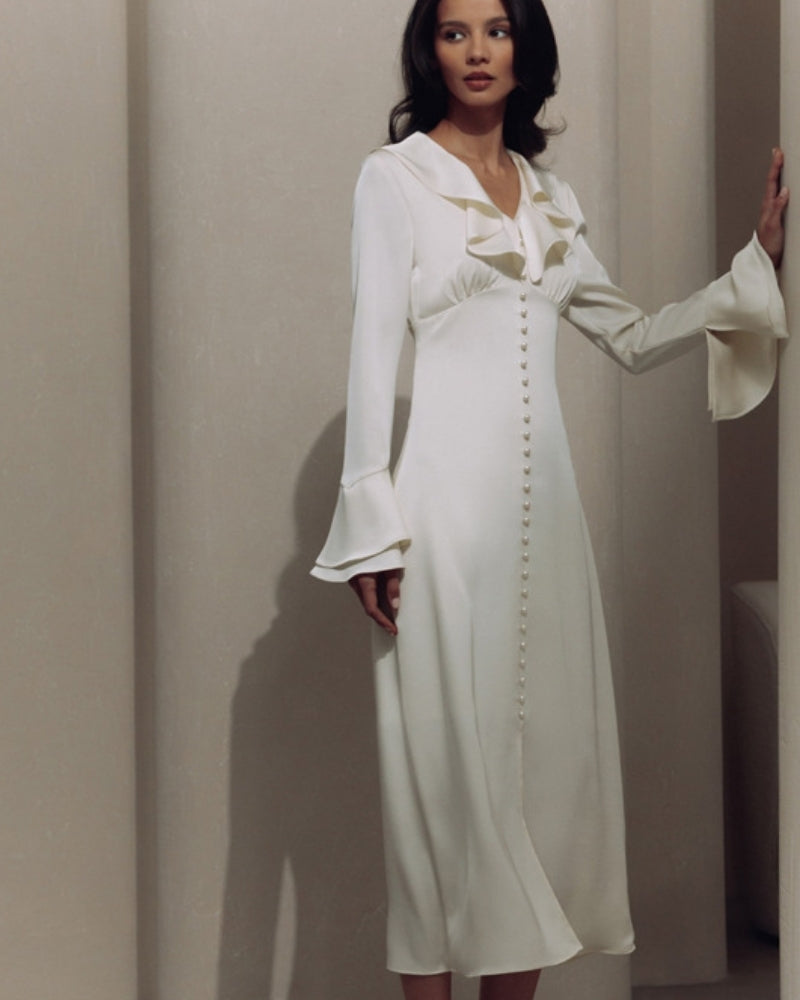 Midi Dress with Pearl Buttons and Ruffles