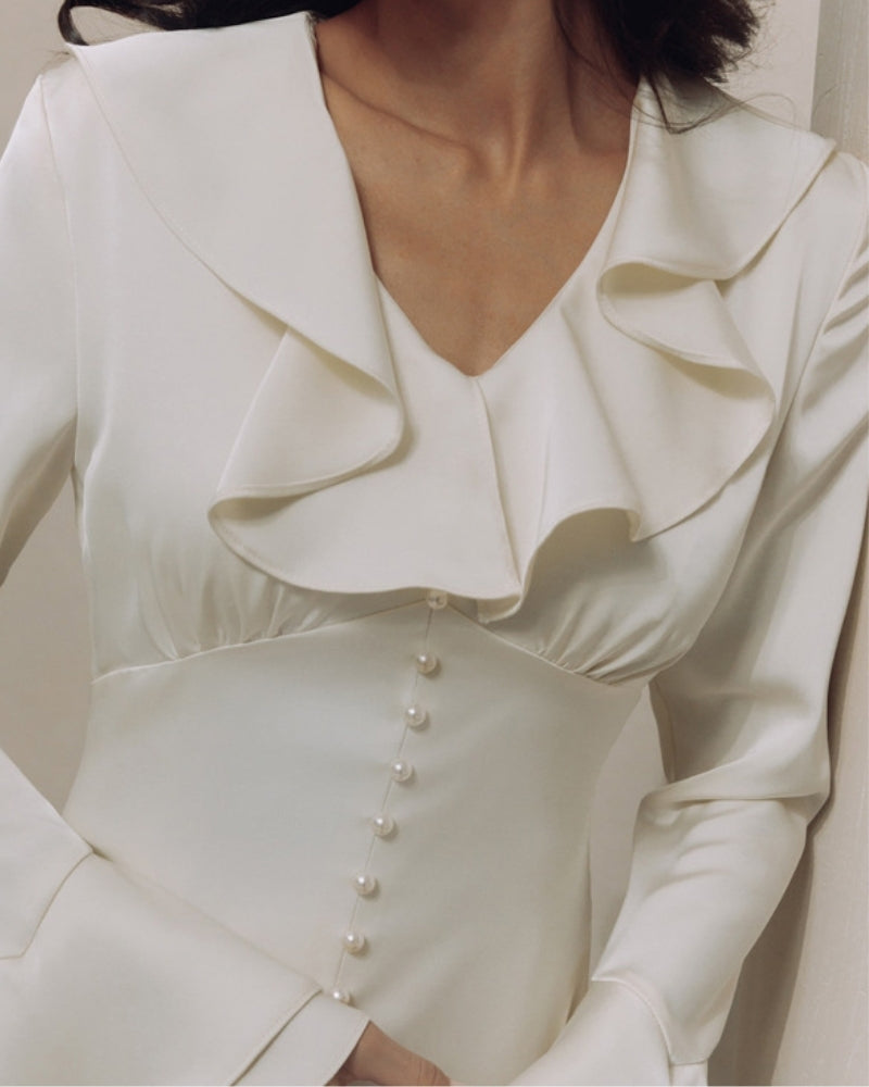 Midi Dress with Pearl Buttons and Ruffles