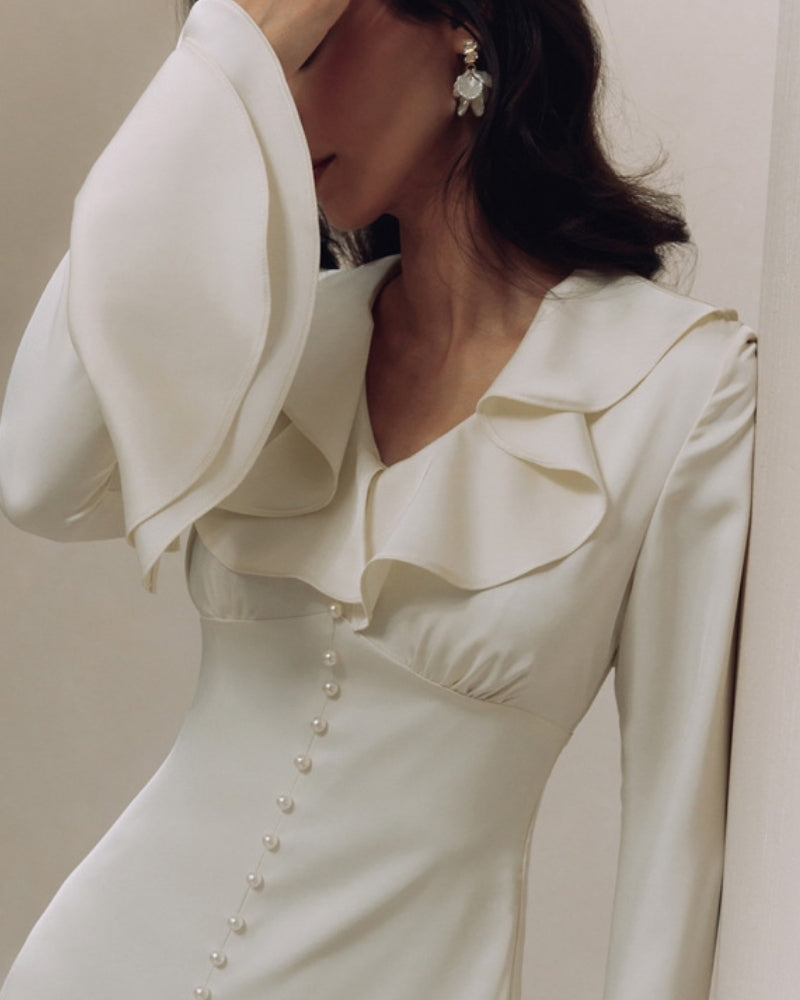 Midi Dress with Pearl Buttons and Ruffles