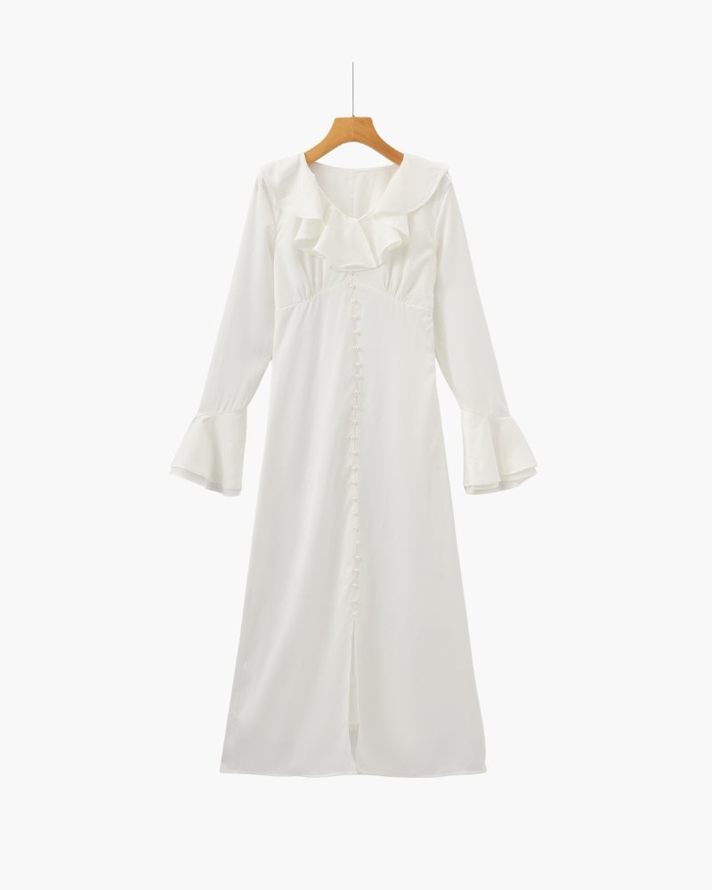 Midi Dress with Pearl Buttons and Ruffles
