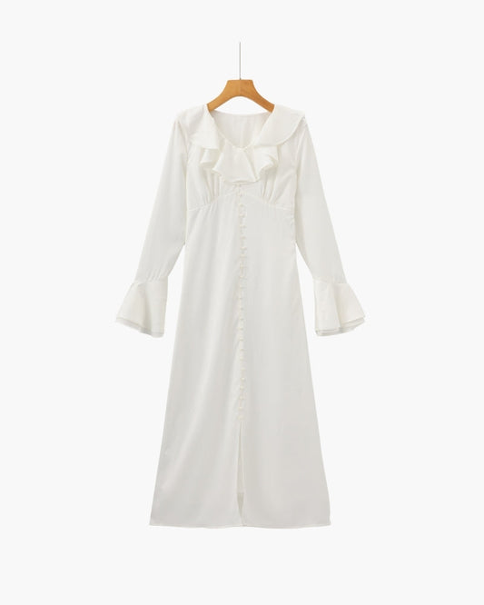 Vestido Midi com Botões de Pérola e Folhos
