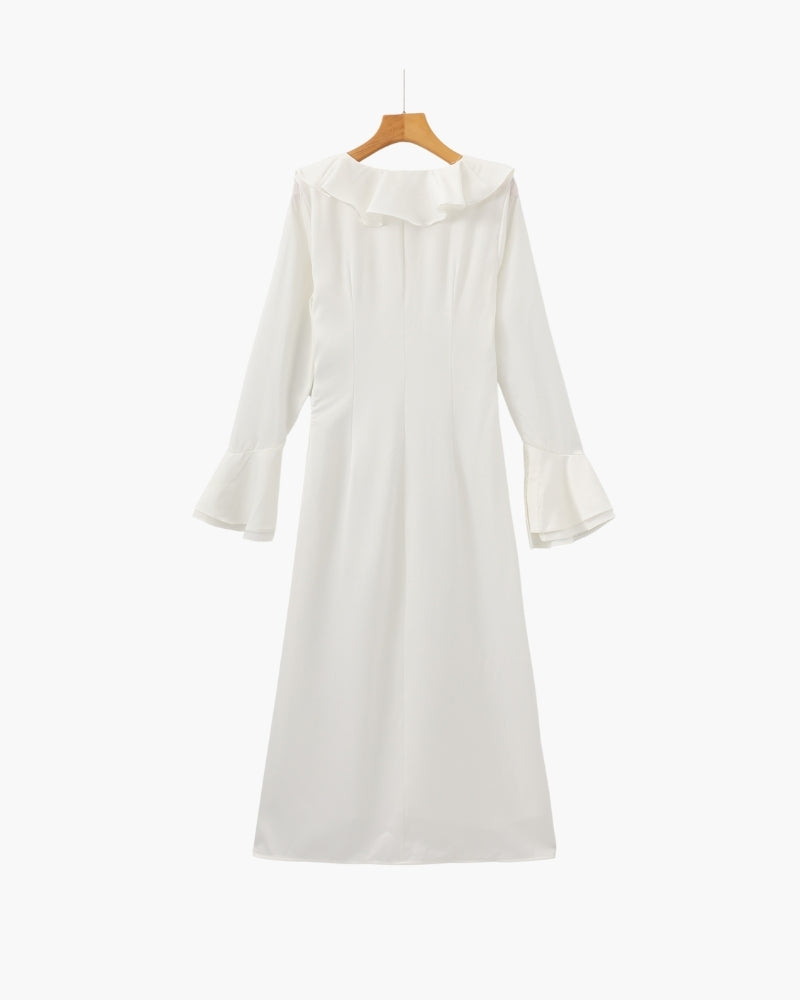 Midi Dress with Pearl Buttons and Ruffles