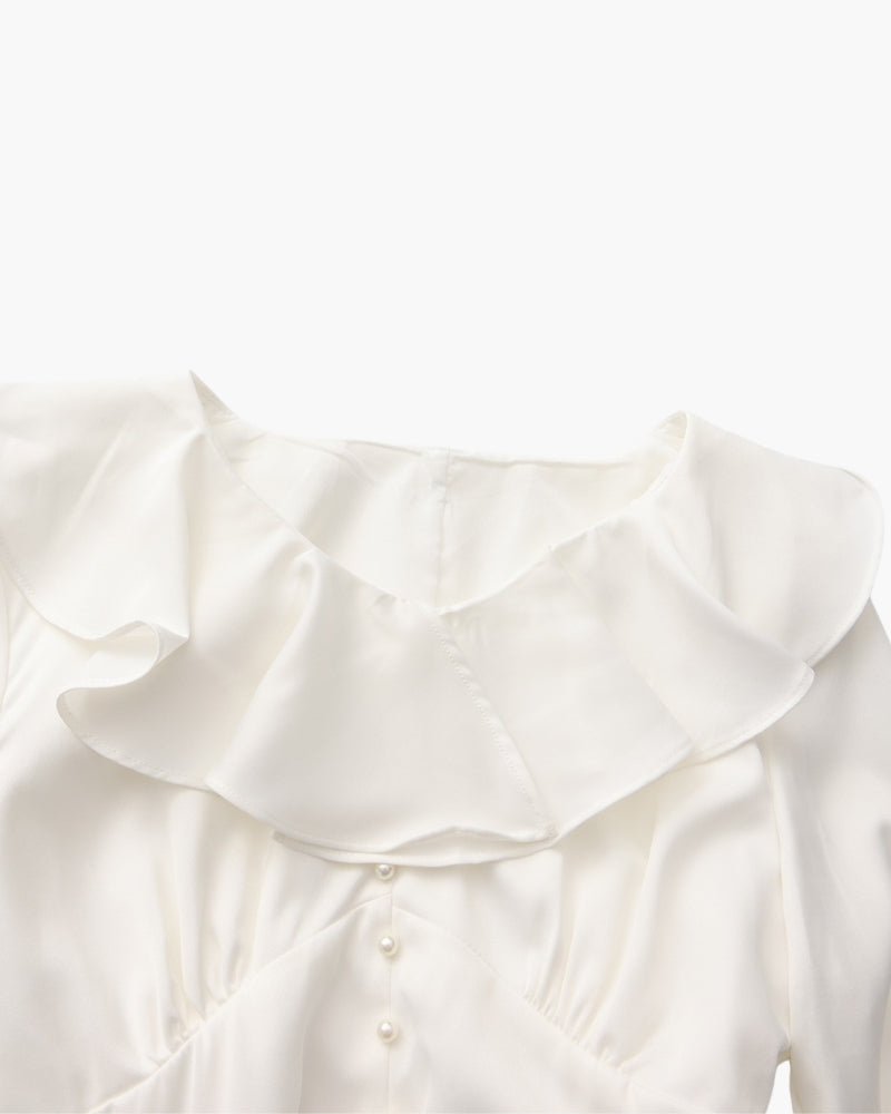 Midi Dress with Pearl Buttons and Ruffles