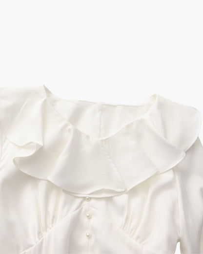 Vestido Midi com Botões de Pérola e Folhos