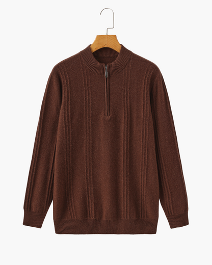 Camisola de Malha Canelada em 100% Caxemira com Meio Fecho