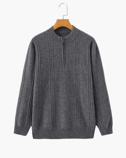 Camisola de Malha Canelada em 100% Caxemira com Meio Fecho